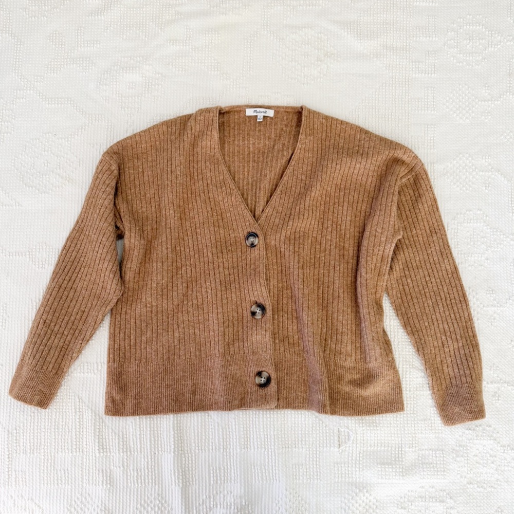 Madewell Cameron Ribbed Cardigan Sweater Coziest Yarn Button Front Camel